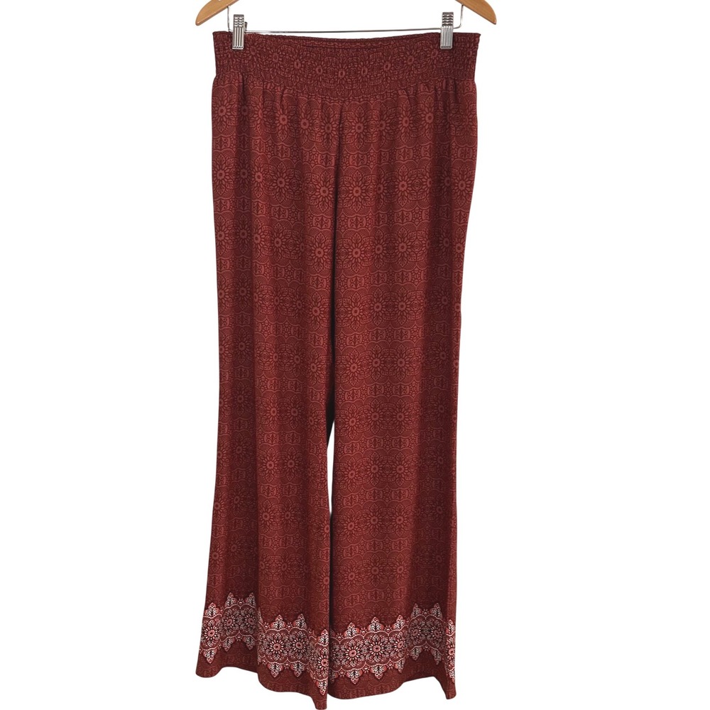 prAna Women Rust Red Mandala Print Smocked Waist Wide Leg Palazzo Pants Large